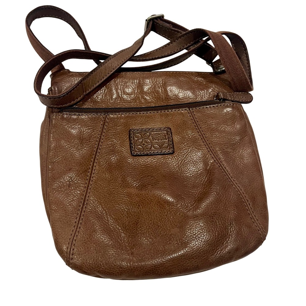 Fossil Brown Leather Flap Crossbody Bag Embossed Logo Adjustable Strap